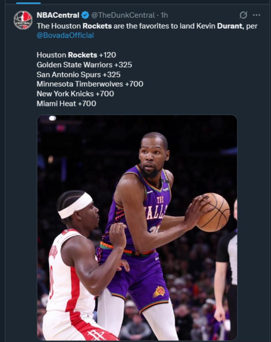 難道說？美媒曬杜蘭特下家賠率，火箭大幅度領(lǐng)跑！